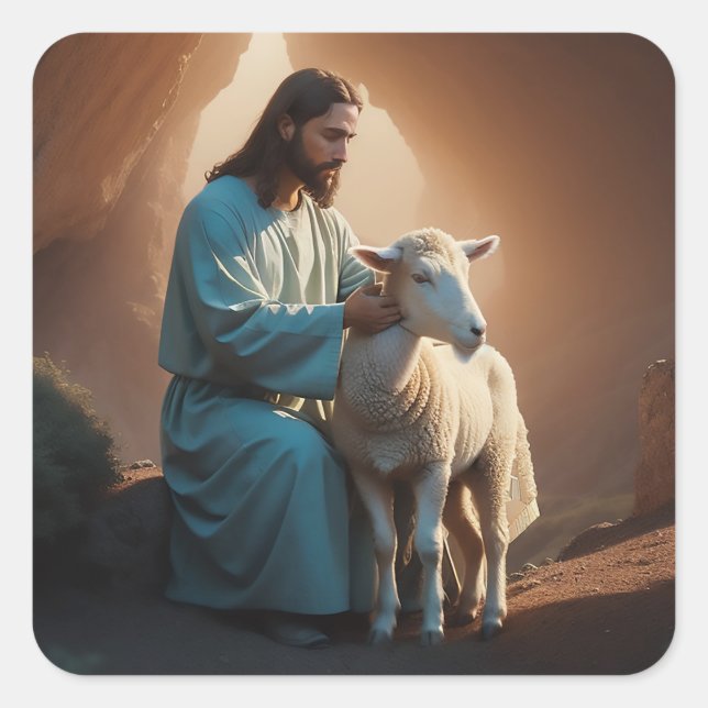 Jesus Christus mit Lamb Quadratischer Aufkleber (Vorderseite)