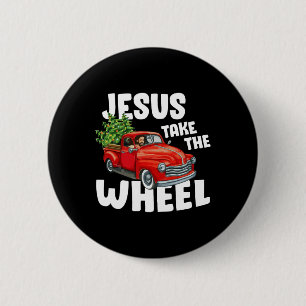 Jesus Christus nimmt das Rad Red Truck Weihnachtsz Button