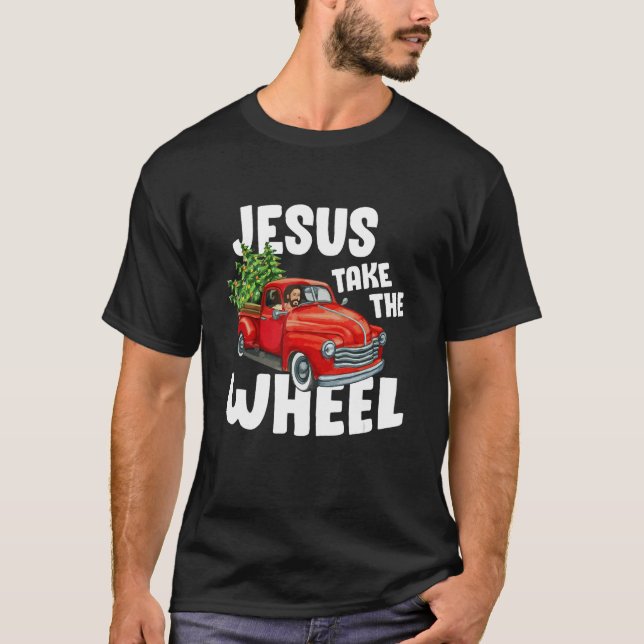 Jesus Christus nimmt das Rad Red Truck Weihnachtsz T-Shirt (Vorderseite)