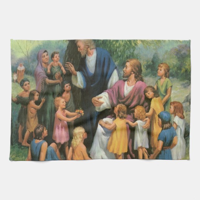 Jesus Christus segnet Kinder, Vintage Religion Geschirrtuch (Horizontal)