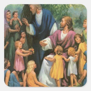 Jesus Christus segnet Kinder, Vintage-Religion Quadratischer Aufkleber