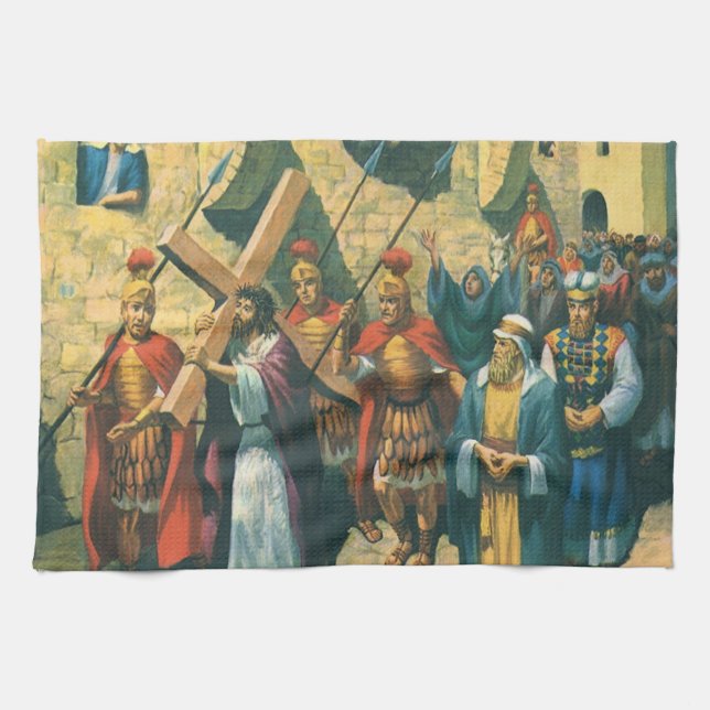 Jesus Christus trägt das Kreuz zu seiner Kreuzigun Geschirrtuch (Horizontal)