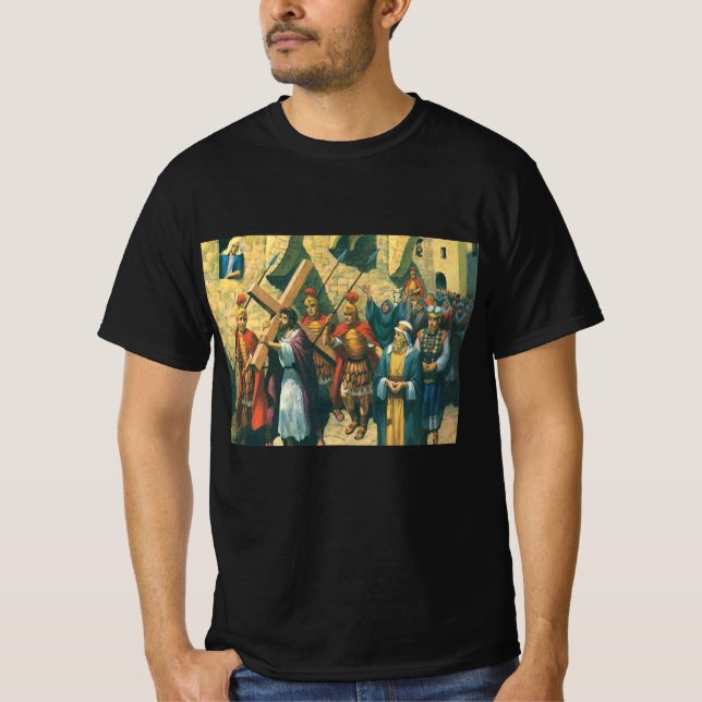 Jesus Christus trägt das Kreuz zu seiner Kreuzigun T-Shirt (Vorderseite)