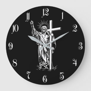 Jesus Christus und ein Kreuz Große Wanduhr