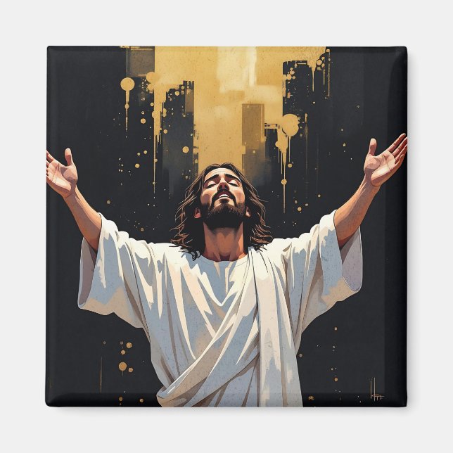 Jesus Christus unser Erlöser | Schwarz und Gold Magnet (Vorne)