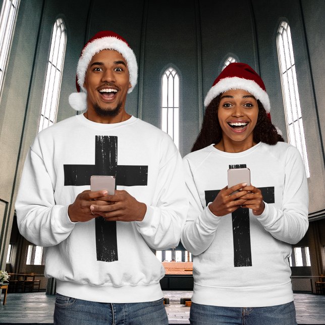Jesus Cross Sweatshirt (Couples wearing cross symbol Sweatshirt with Christmas hat )
