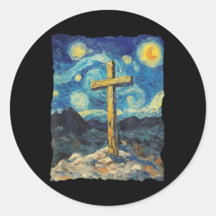 Jesus Cross Van Gogh Style Starry Night Art Christ Runder Aufkleber