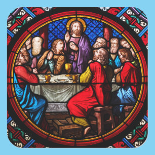 Jesus das letzte farbenfrohe, festgehaltene Glas Quadratischer Aufkleber
