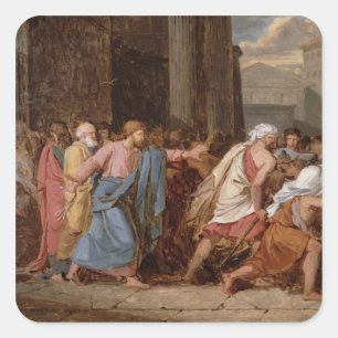 Jesus, der die Kaufleute aus dem Tempel treibt Quadratischer Aufkleber