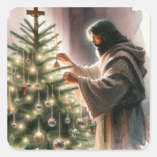 Jesus, der Messias, der Weihnachtsbaum dekoriert Quadratischer Aufkleber