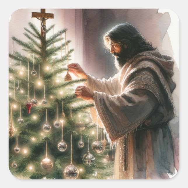 Jesus, der Messias, der Weihnachtsbaum dekoriert Quadratischer Aufkleber (Vorderseite)