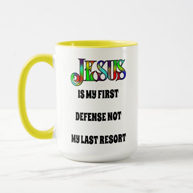 Jesus Erste Verteidigung - 15 oz. Tasse (Links)