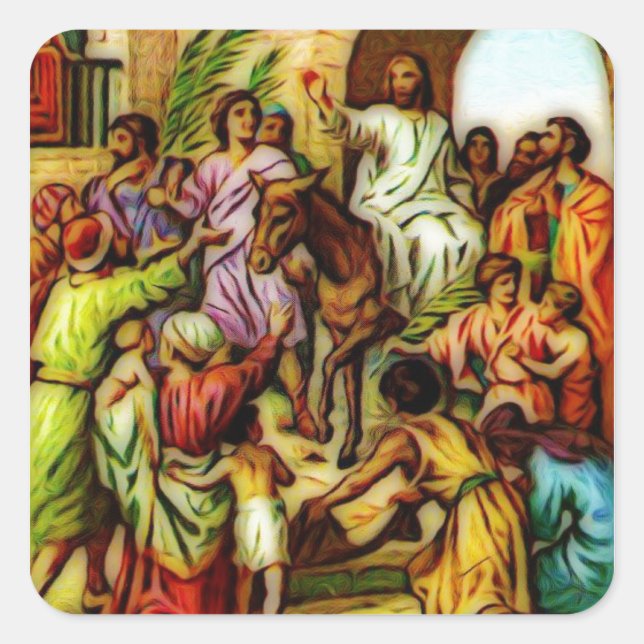 Jesus fährt den Esel nach Jerusalem Quadratischer Aufkleber (Vorderseite)
