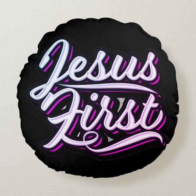 Jesus First Pinks and Purples Rundes Kissen (Vorderseite)