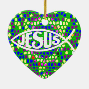 JESUS FISH ICHTHYS GREEN STAINED GLASS FENSTER KERAMIKORNAMENT