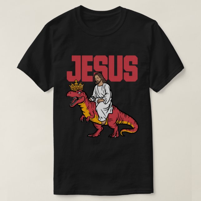 Jesus Funny Memes, Jesus reitet eine rosa Dinosaur T-Shirt (Design vorne)