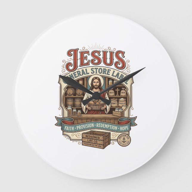 Jesus Gemischtwarenladen Label Jesus Gemischtwaren Große Wanduhr (Vorderseite)