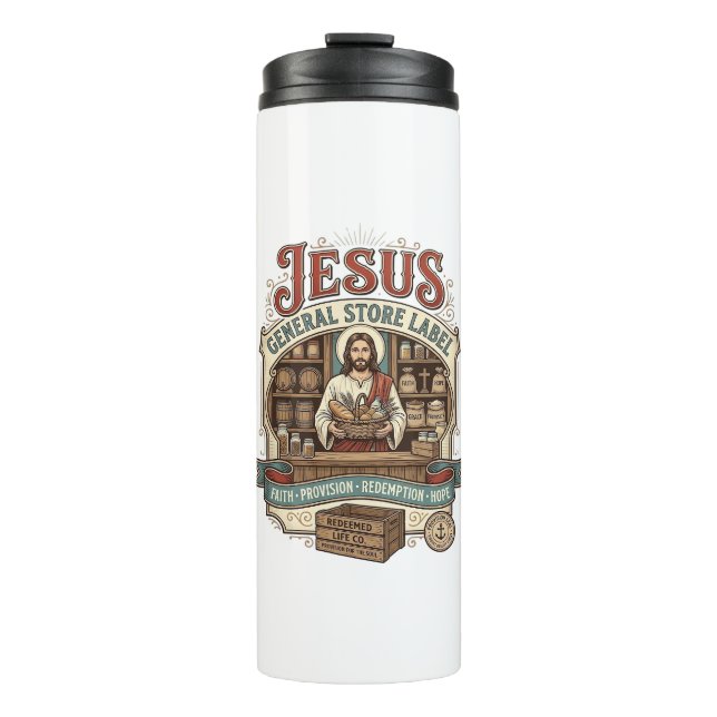 Jesus Gemischtwarenladen Label Jesus Gemischtwaren Thermosbecher (Vorderseite)