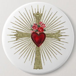 Jesus Gold Cross rotes Herz und Rose Liebe Button