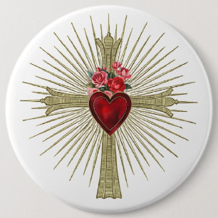 Jesus Goldkreuz rotes Herz und Rosen Liebe Button