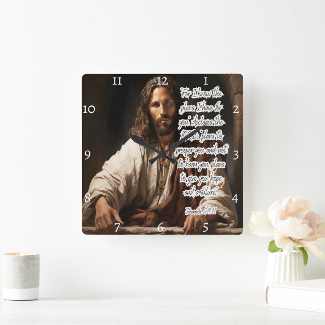 Jesus: Gottes Pläne, Hoffnung, Zukunft Quadratische Wanduhr (Zuhause)