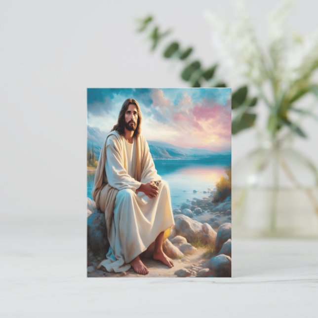 Jesus Göttlicher Frieden neben den Sonnenuntergang Postkarte (Stehend Vorderseite)