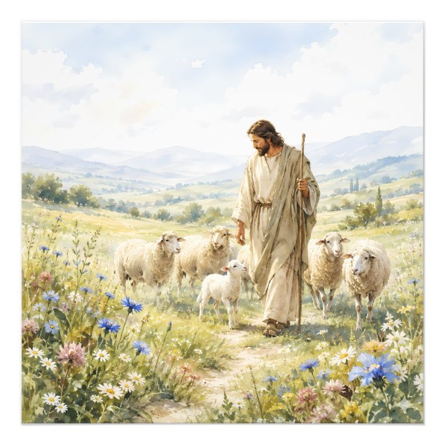 Jesus Guter Hirte Wildblumen Aquarell Fotodruck (Vorne)