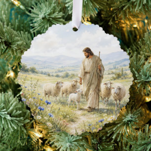 Jesus Guter Hirte Wildblumen Aquarell Ornament Karte
