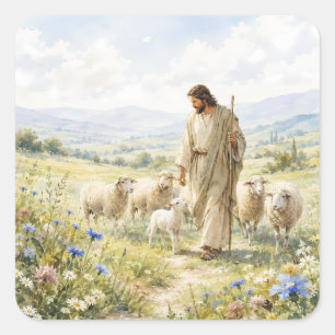 Jesus Guter Hirte Wildblumen Aquarell Quadratischer Aufkleber