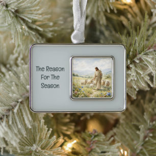 Jesus Guter Hirte Wildblumen Aquarell Rahmen-Ornament Silber