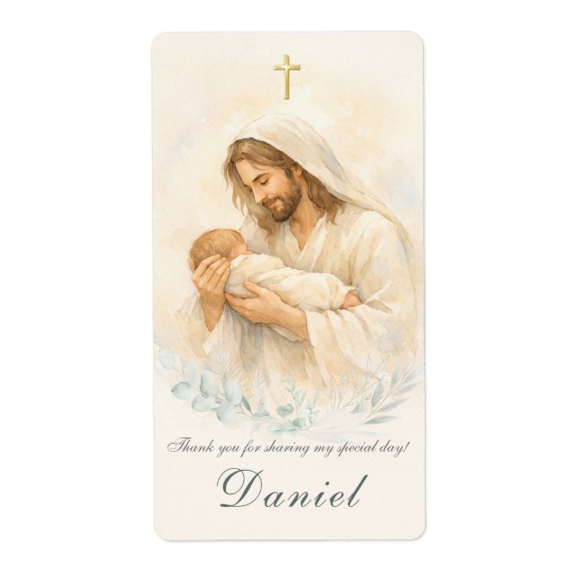 Jesus hält Baby Tauf Rücksendeadressetikett (Vorne)