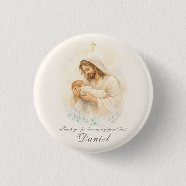 Jesus hält Baby-Taufe Terminankündigung Magnet Button (Vorderseite)