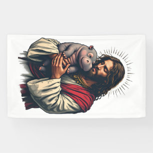 Jesus hält ein Baby Moo Deng Hippo Banner