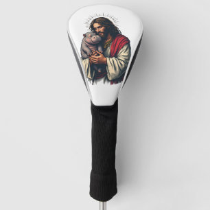 Jesus hält ein Baby Moo Deng Hippo Golf Headcover