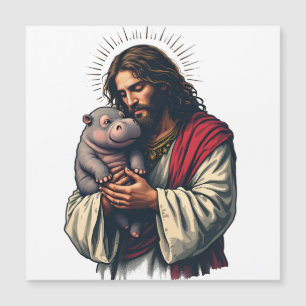 Jesus hält ein Baby Moo Deng Hippo Magnetkarte
