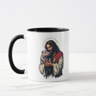Jesus hält ein Baby Moo Deng Hippo Tasse