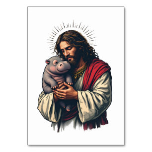 Jesus hält ein Baby Moo Deng Hippo Tischnummer