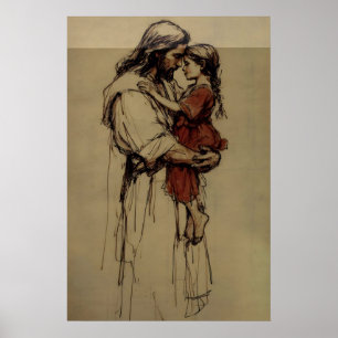 Jesus hält ein Kind Minimalistische christliche Sk Poster