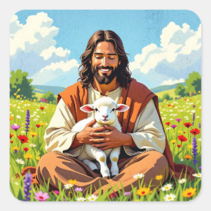 Jesus hält ein Lamm Religiöser Christ Quadratischer Aufkleber