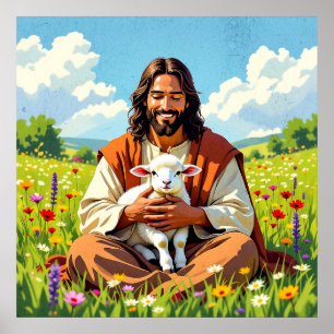 Jesus hält ein Lamm Religiöses Ostern Poster