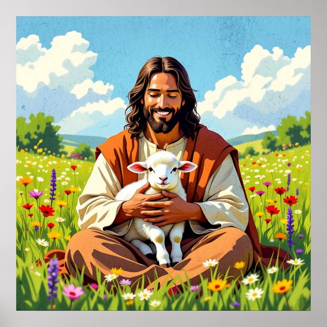 Jesus hält ein Lamm | Religiöses Ostern Poster (Vorne)