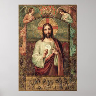 Jesus hält Eucharist Gastgeber mit Engeln oben Poster
