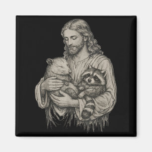 Jesus hält Opossum und Waschbär christlich Magnet