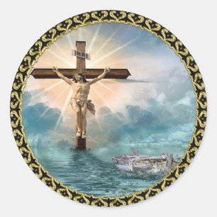 Jesus hängt an einem christlichen Kreuzigungskreuz Runder Aufkleber