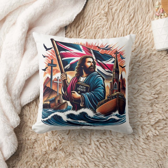 Jesus hat eine Flagge inmitten turbulenter Gewässe Kissen (Decke)