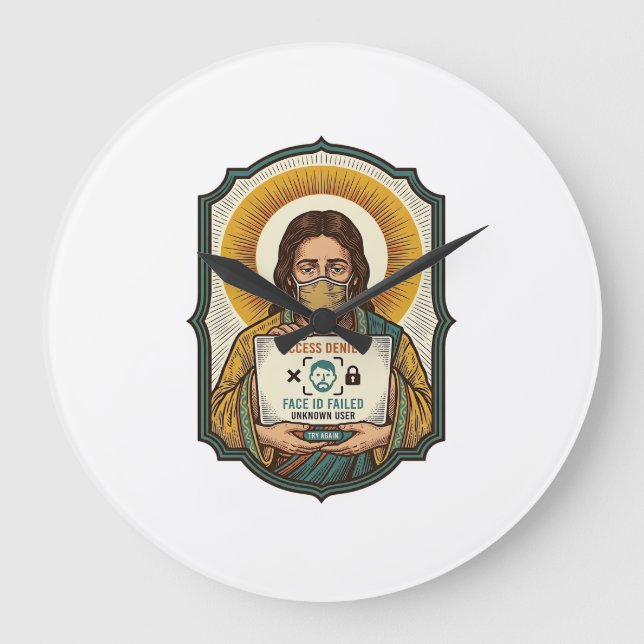 Jesus hat Gesichtsentriegelung mit Maske bei Tech- Große Wanduhr (Vorderseite)