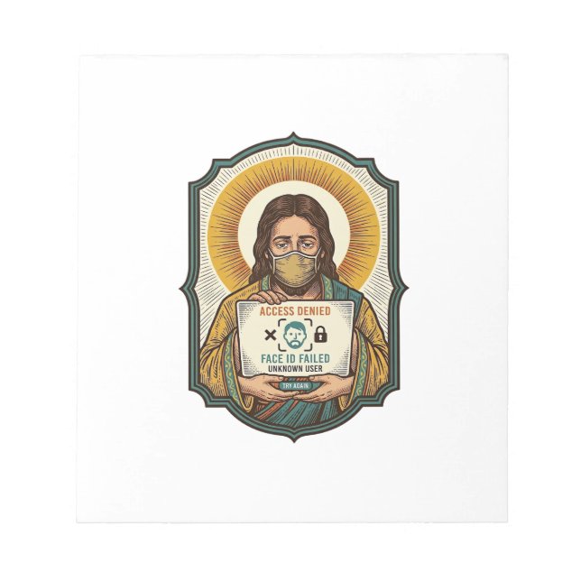 Jesus hat Gesichtsentriegelung mit Maske bei Tech- Notizblock (Vorderseite)