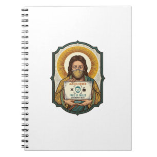 Jesus hat Gesichtsentriegelung mit Maske bei Tech- Notizblock