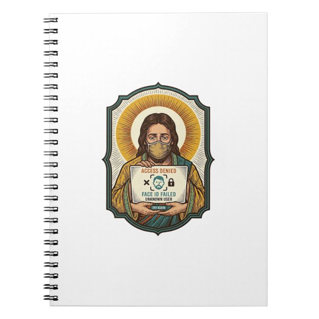 Jesus hat Gesichtsentriegelung mit Maske bei Tech- Notizblock (Vorderseite)