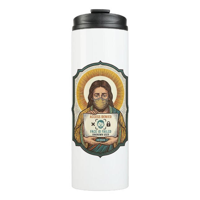 Jesus hat Gesichtsentriegelung mit Maske bei Tech- Thermosbecher (Vorderseite)
